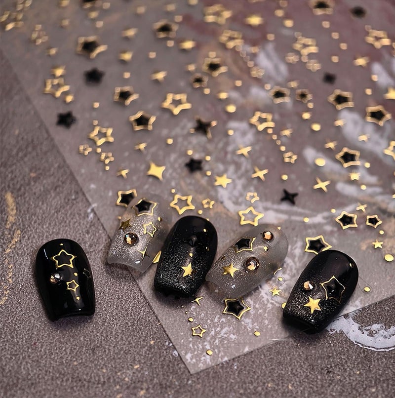 KRTBKR 5D Embossed Star Nail Stickers for Nail Arts Self-Adhesive Gold Nail Art Stickers Black Gold Star Glitter Designs Nail Art Supplies Chrome Nail Decals for Women Girls Acrylic Manicure Salon Decoration - Image 3